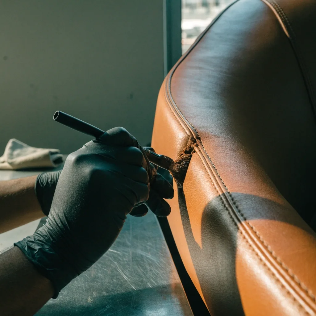 يدا فني تعملان مادة ترطيب داخل خط خياطة مقعد جلد في الورشة